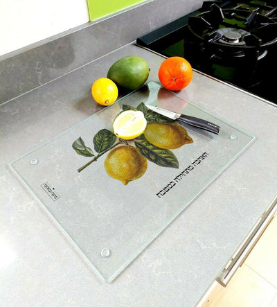 קרש חיתוך זכוכית דגם לימון – מתנות מרעננות עם עיצוב קייצי מלא חיים